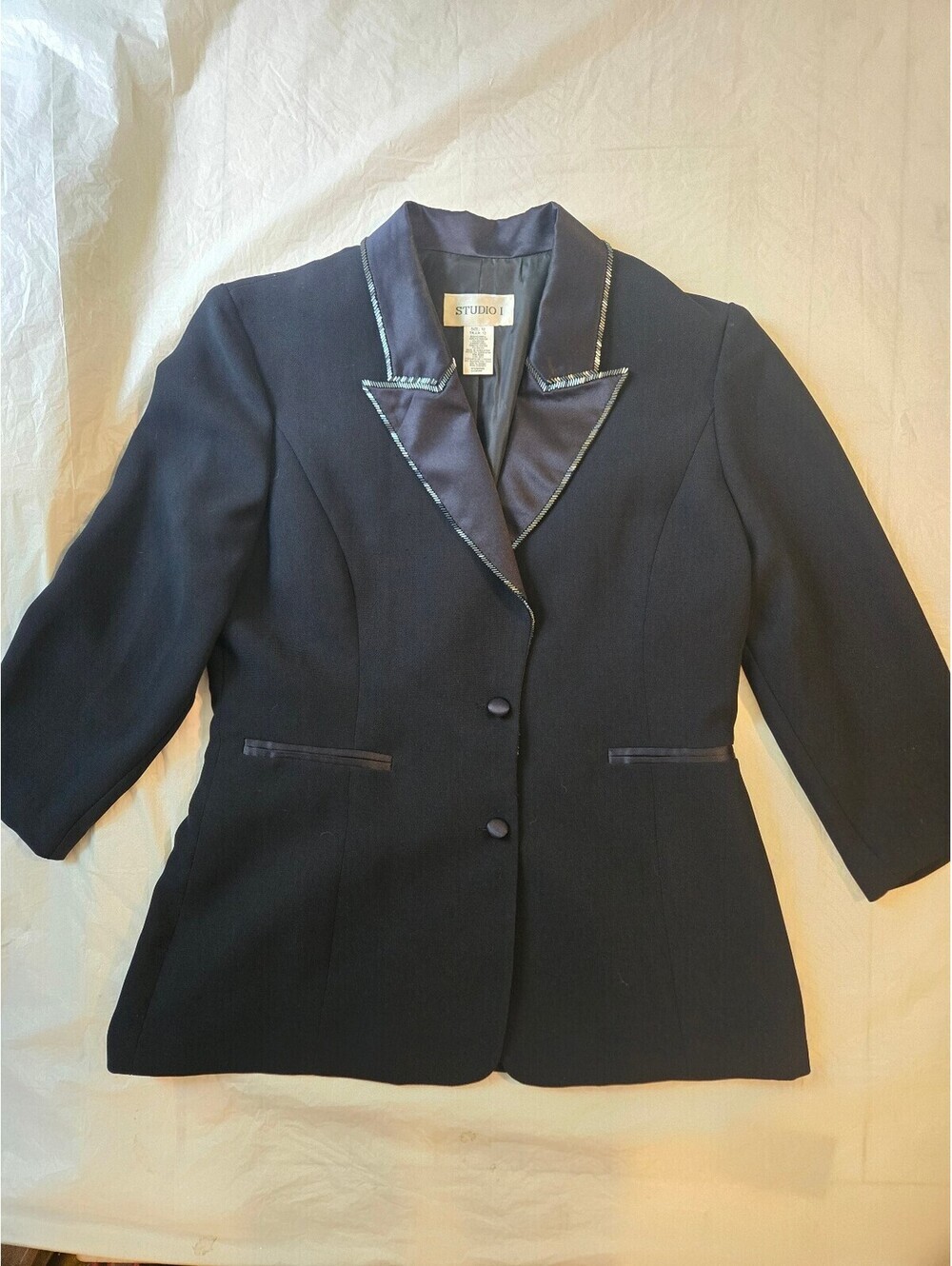 Studio I Black Blazer Womens 12 Satin Lapel Trim Tailored Career Jacket